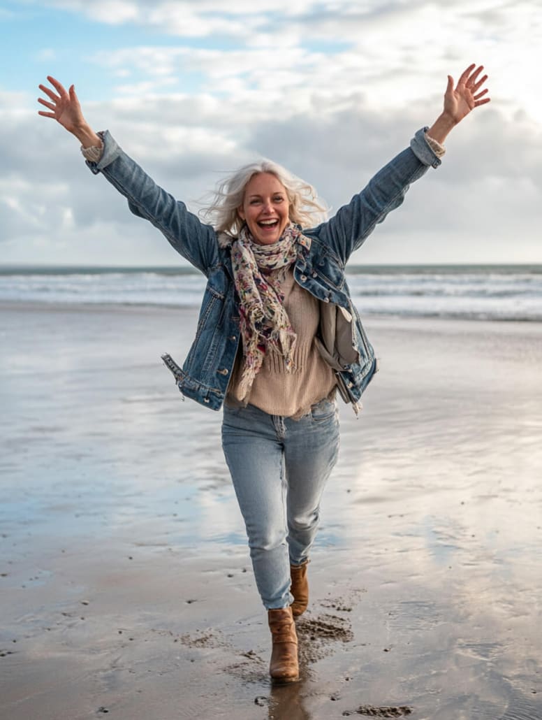 A joyful woman with gray hair, dressed in a denim jacket, scarf, and jeans, stands on a beach with her arms raised in celebration. The ocean and cloudy sky serve as a backdrop. She is smiling widely and appears to be enjoying the moment, embodying the happiness promoted by Counselling Melbourne.