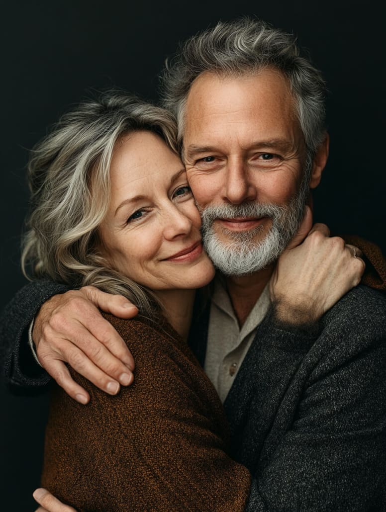 A close-up of a smiling older couple embracing affectionately. The woman has medium-length wavy gray hair and is wearing a brown sweater. The man has short gray hair, a beard, and is wearing a dark jacket over a light-colored shirt. They stand in front of a dark background, exuding the warmth often seen at Melbourne Counselling Centre.