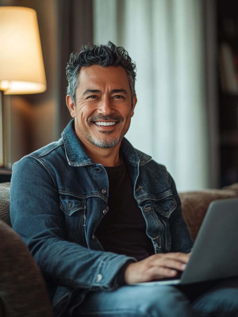 A middle-aged man with short, curly gray hair and a warm smile sits on a couch, typing on a laptop. He wears a denim jacket over a dark shirt. A lit lamp and a window with curtains are in the blurred background, suggesting he might be working on his Counselling Services Melbourne website.