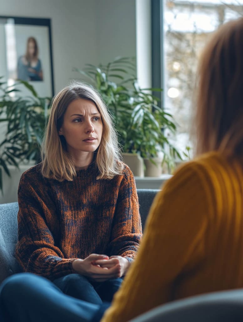 A woman with blonde hair, wearing a brown sweater, sits in a chair looking concerned while speaking to another woman with long hair in a yellow sweater. They are in a well-lit room with indoor plants and a framed picture in the background, possibly discussing Counselling Services Melbourne.