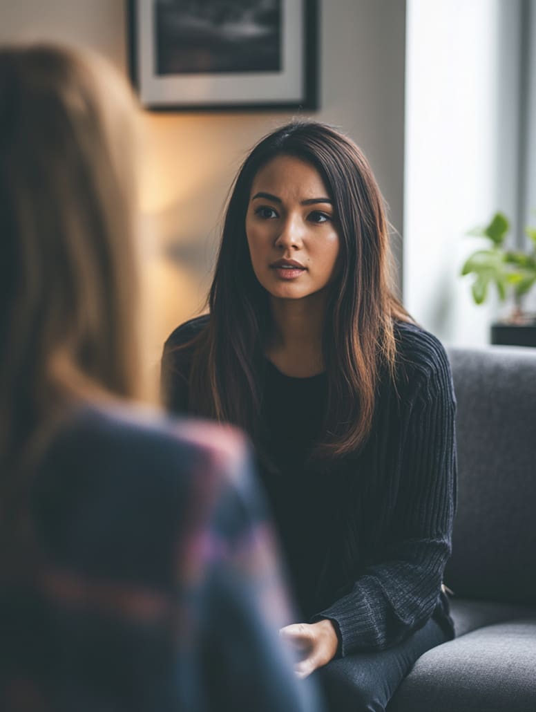 A woman with long, dark hair sits on a couch, attentively listening to another person whose back is turned towards the camera. The scene suggests a serious conversation, reminiscent of Counselling Services Melbourne, with warm lighting and a plant visible in the background.