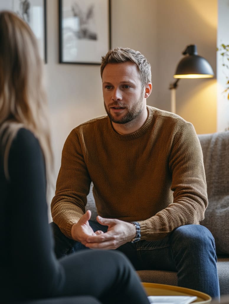 A man with short hair and a beard is sitting on a couch, wearing a brown sweater and jeans. He is facing a woman with long hair, who is partially visible and sitting across from him. The room at the Melbourne Counselling Centre has soft lighting, a lamp, and framed pictures on the wall.