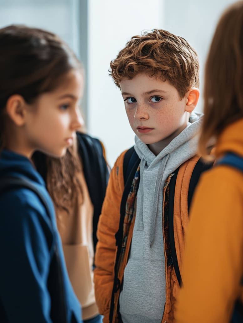 A young boy with red hair and freckles, wearing a gray hoodie and orange jacket, stands among a group of peers. He gazes directly at the camera, while the other children have blurred, out-of-focus faces. They all appear to be wearing backpacks, perhaps on their way to school or Counselling Services Melbourne.