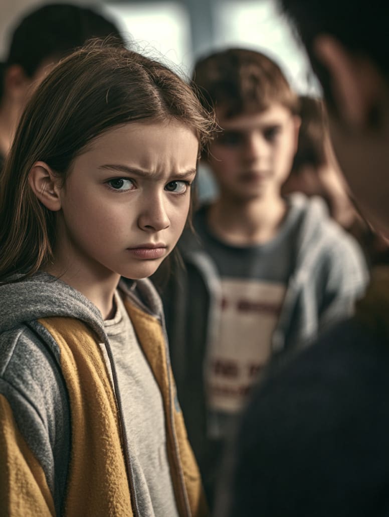 A young girl with long brown hair and a yellow jacket stands in focus, looking seriously at someone off-camera. Behind her are slightly blurred figures of other kids, including a boy in a grey hoodie who is also looking forward. The atmosphere appears tense, reminiscent of moments from Counselling Services Melbourne.