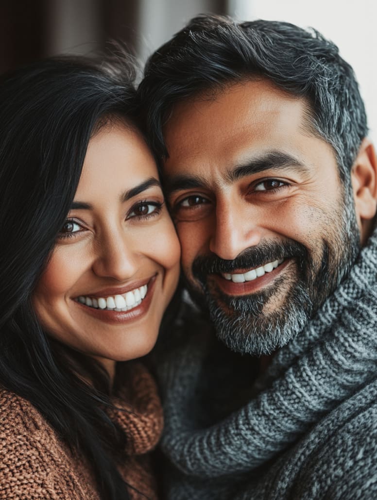 A close-up of a smiling couple with dark hair. They are wearing cozy sweaters and have their heads close together, both displaying radiant smiles and warm expressions. The background is blurred, keeping the focus on their joyful faces—a testament to the happiness found through Counselling Services Melbourne.