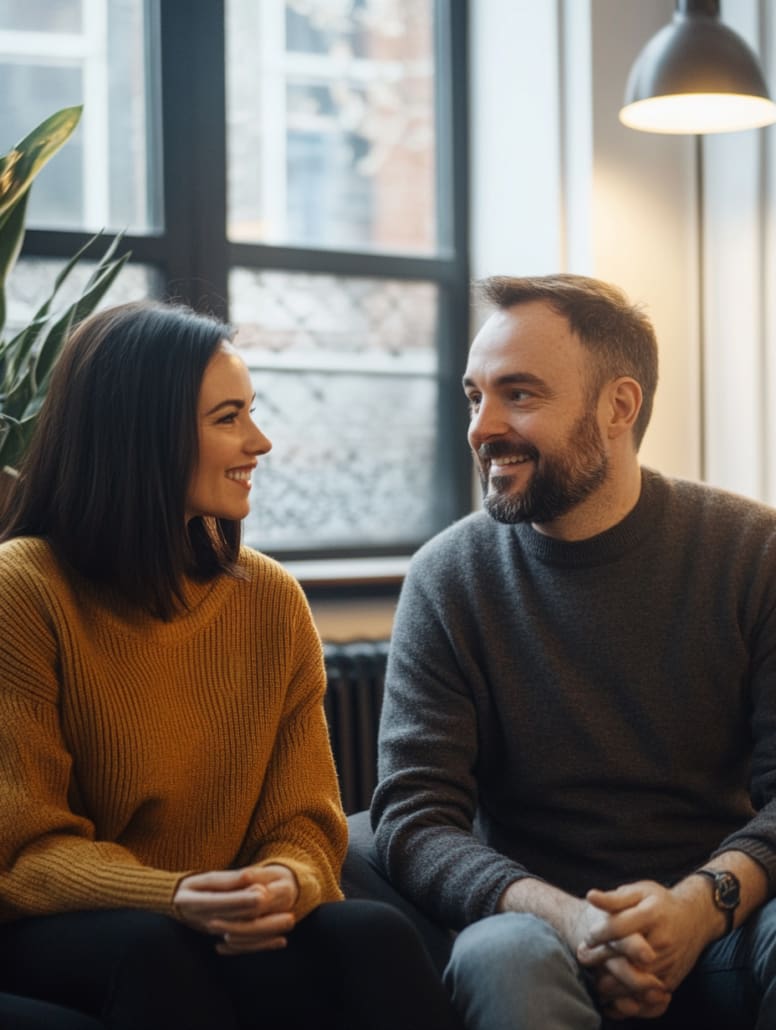 A woman and a man are seated indoors, smiling at each other. The woman is wearing a mustard-colored sweater, and the man is wearing a gray sweater. They appear relaxed and happy, sitting in a well-lit room with a plant and window in the background—it's clear they feel at ease with Counselling Services Melbourne.