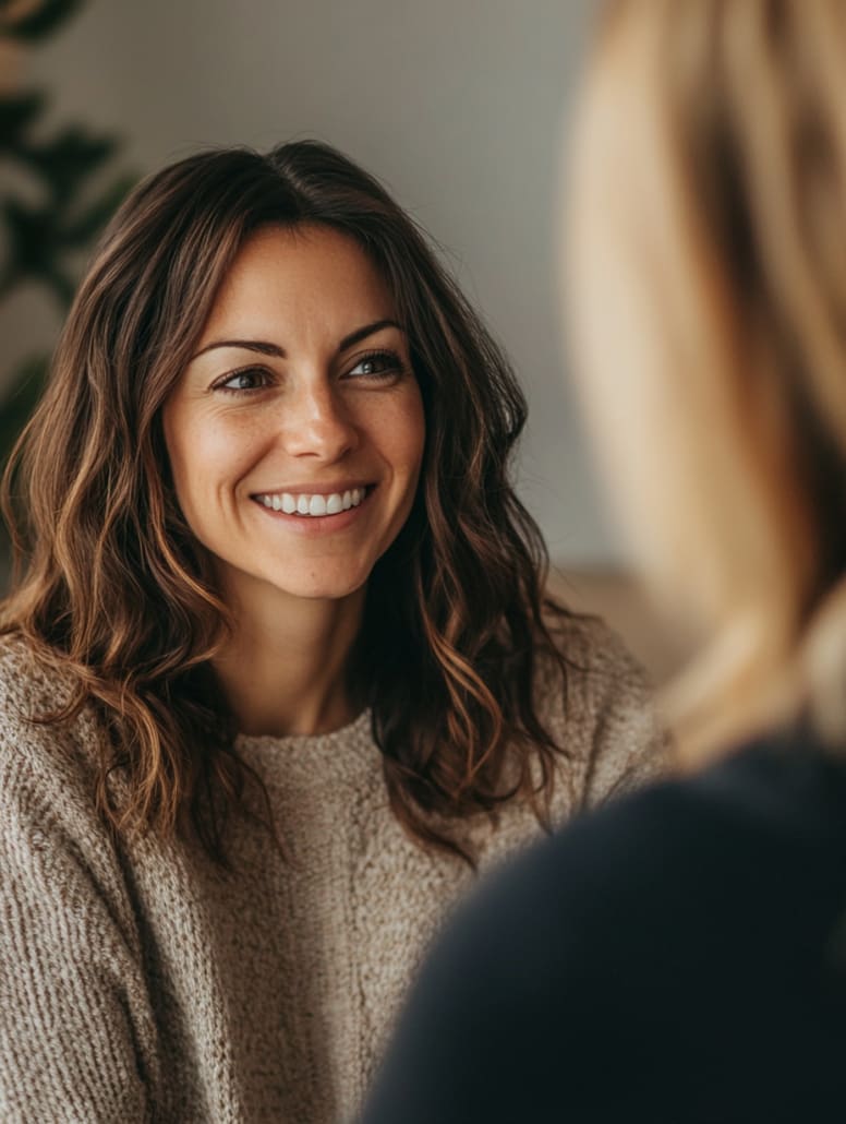 A woman with wavy brown hair, wearing a beige sweater, is smiling and looking at another person who is out of focus in the foreground. The background is blurry with a hint of green foliage, evoking a serene atmosphere reminiscent of Counselling Services Melbourne.