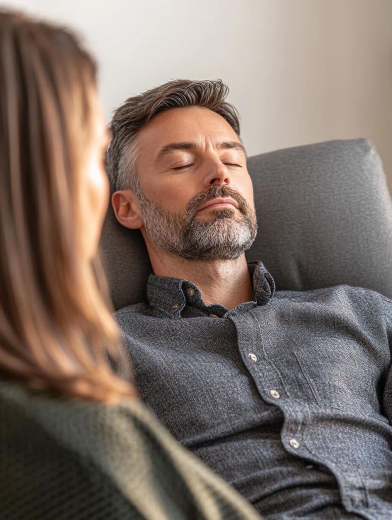 A man with graying hair and a beard is reclining in a chair with his eyes closed. He is wearing a button-up shirt. A woman with long brown hair, seen from the back, is sitting nearby facing him. The setting appears to be calm and peaceful—a perfect scene at the Melbourne Counselling Centre.