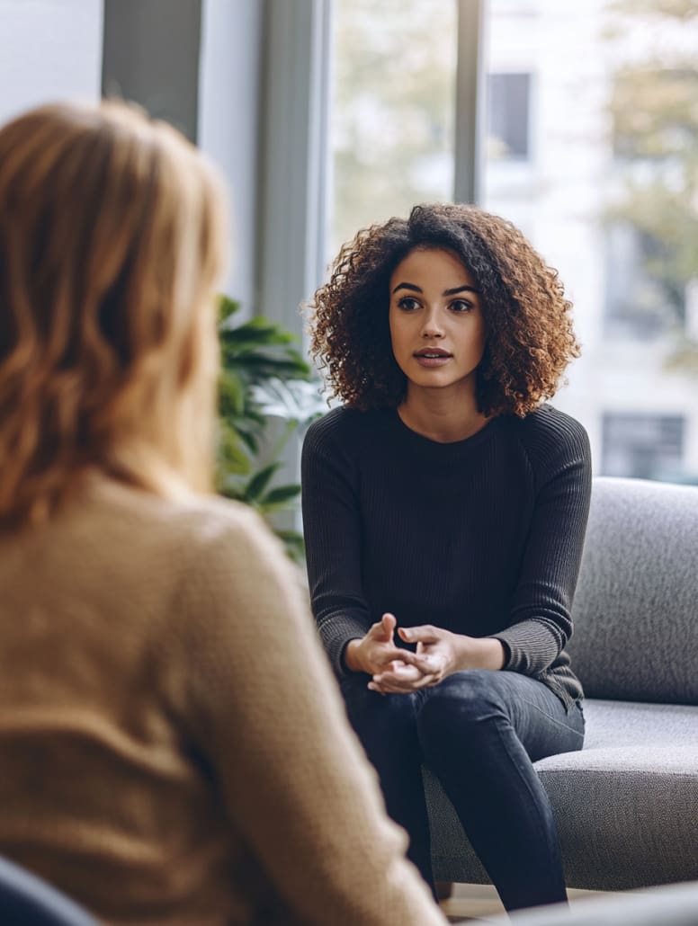 Two women are sitting and talking in a well-lit room with large windows. The woman in the foreground, with curly hair and wearing a dark top, is speaking while the other woman, with blonde hair and wearing a beige sweater, listens attentively. This setting could easily be part of Counselling Services Melbourne.