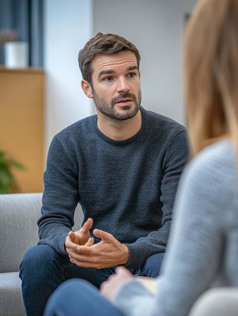 A man with short brown hair and a beard, wearing a dark sweater, sits on a light-colored couch, engaged in conversation. He gestures with his hands while attentively listening to a woman with long hair, slightly out of focus in the foreground—it looks like a session from Counselling Services Melbourne.