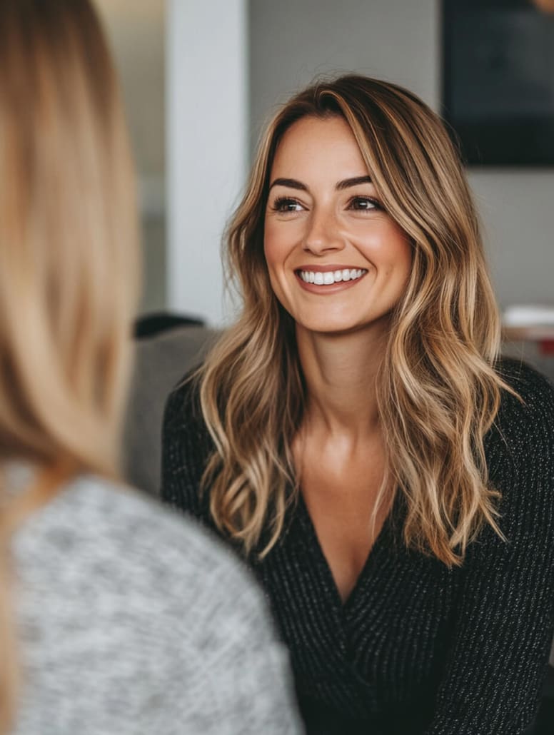 A woman with blonde hair and a black top smiles warmly while looking at another person with their back to the camera. The background is softly blurred, highlighting the woman's joyful expression, capturing a moment of connection at the Melbourne Counselling Centre.