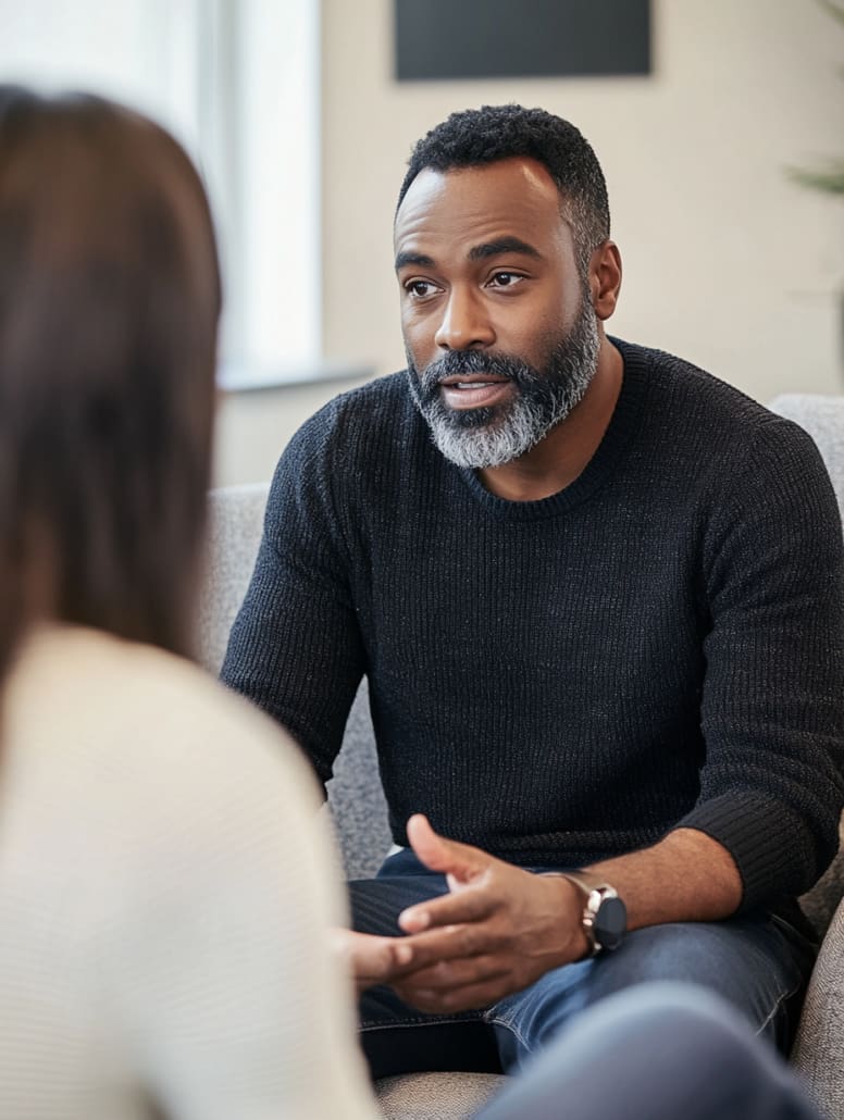 A man with short, dark hair and a beard, wearing a black sweater, sits on a couch engaged in a serious conversation at the Melbourne Counselling Centre. He has his hands together and appears to be explaining something to the person whose back is to the camera.