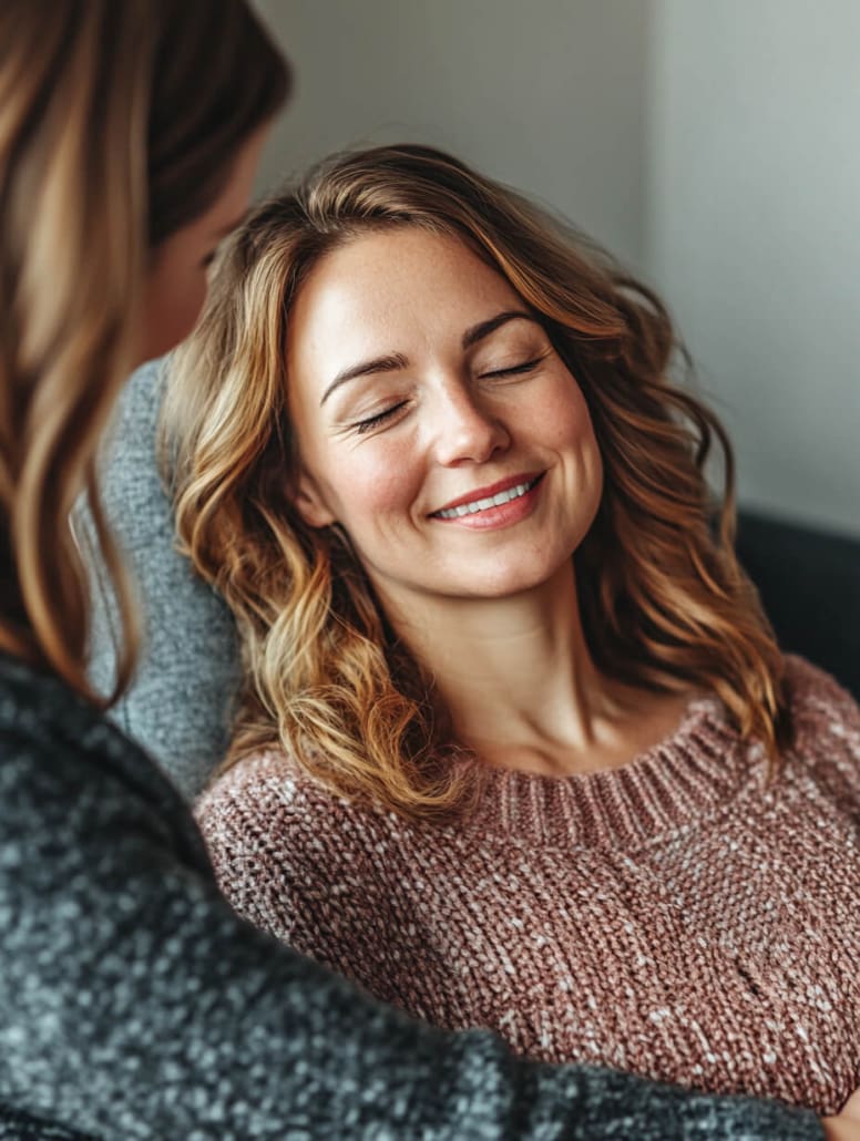 A woman with wavy blonde hair wearing a cozy knit sweater is sitting and smiling with her eyes closed. Another individual with long hair, partially visible, is sitting beside her. The softly blurred background creates an intimate and warm atmosphere, reminiscent of a Counselling Melbourne session.