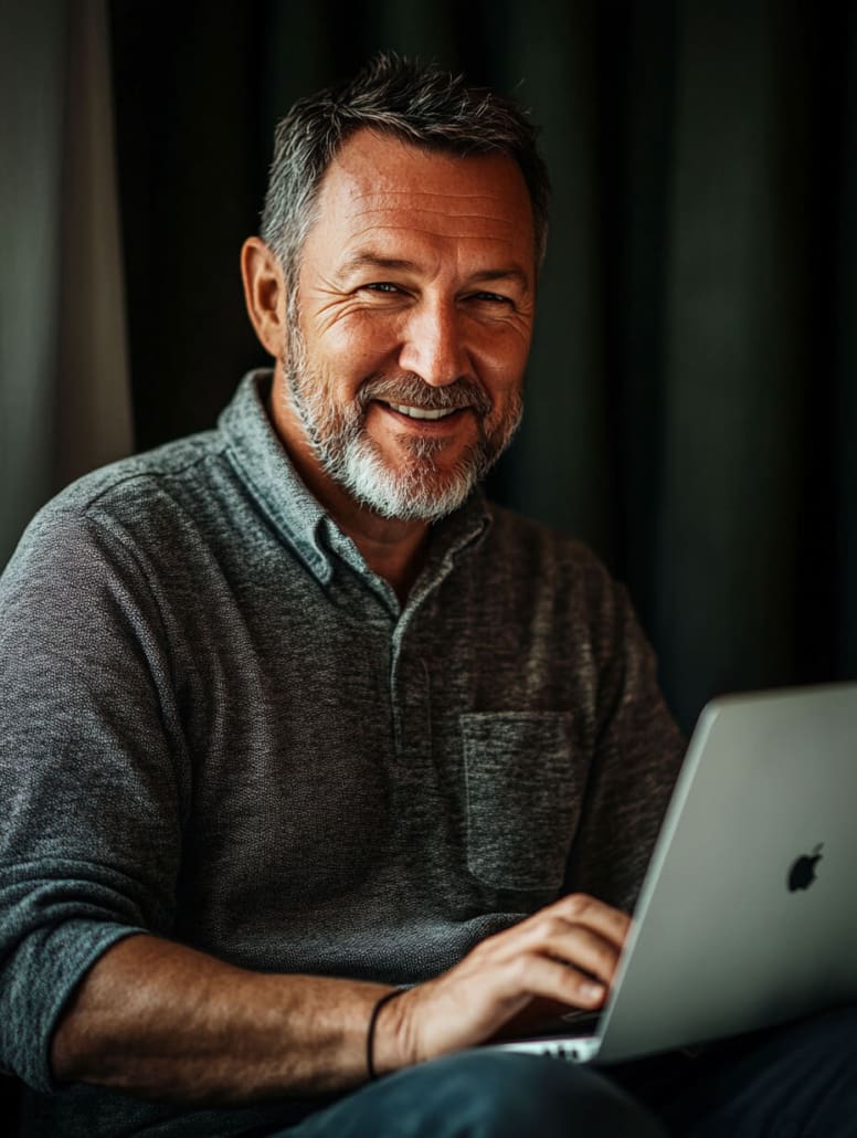 A smiling man with short gray hair and a beard is sitting and working on a laptop at the Melbourne Counselling Centre. He is wearing a dark gray, long-sleeved shirt and appears to be in a dimly lit room. The mood is warm and relaxed.