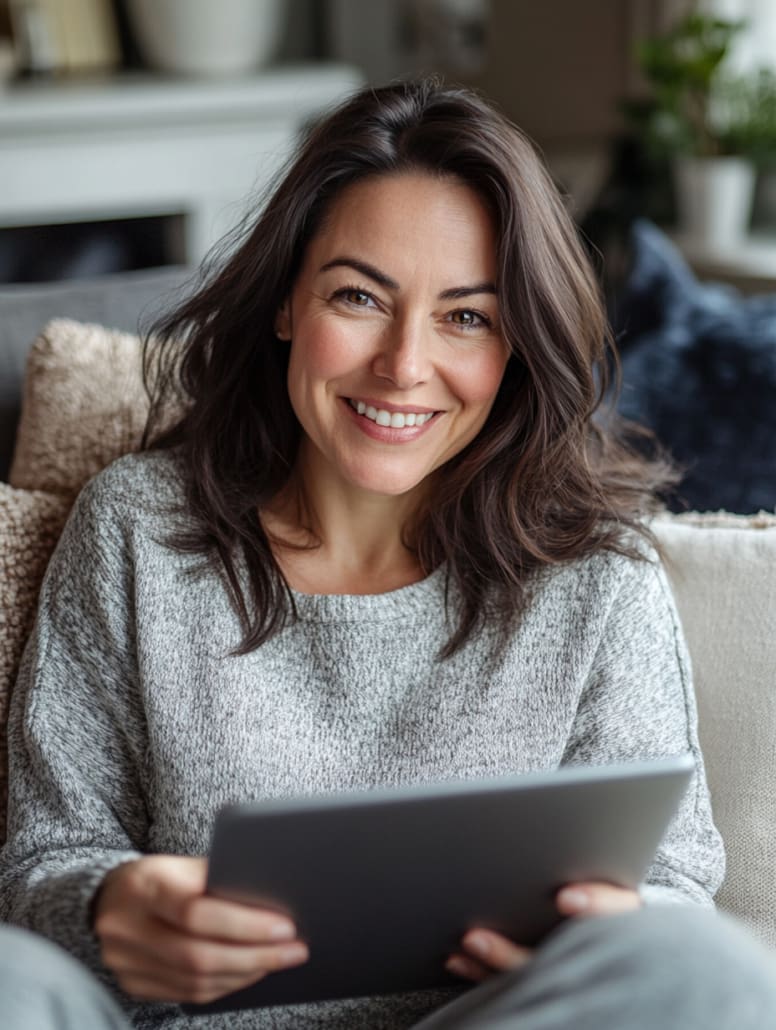 A woman with long brown hair and a grey sweater sits on a couch, smiling at the camera. She holds a tablet in her hands and appears relaxed. The background includes a blurred-out plant and furniture, giving the setting a cozy feel, reminiscent of the welcoming atmosphere at Melbourne Counselling Centre.