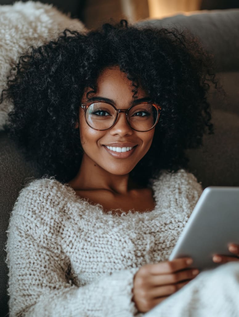 A woman with curly hair and glasses is lying on a couch at the Melbourne Counselling Centre, holding and reading a tablet. She is smiling, wearing a cozy knitted sweater, and appears to be relaxed.